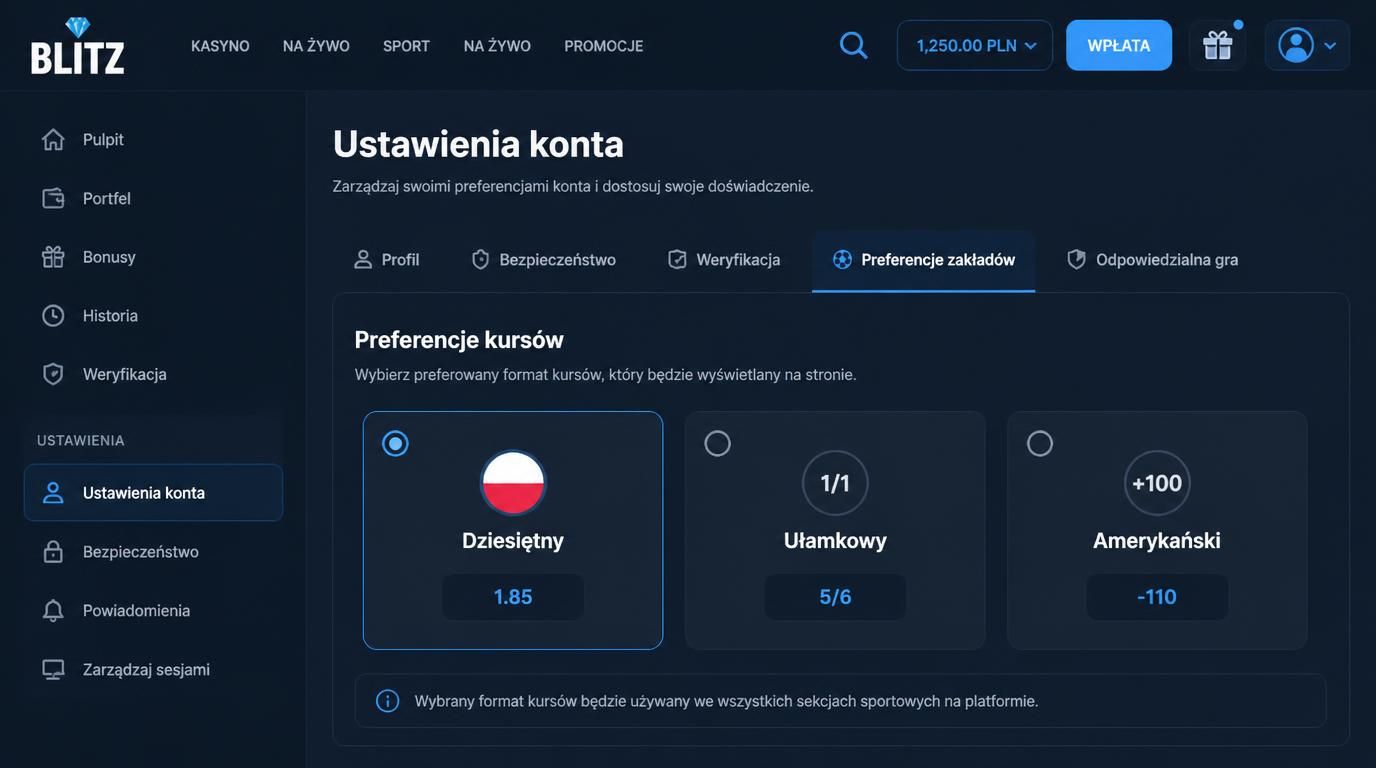 Ustawienia formatu kursów – wybór dziesiętnego