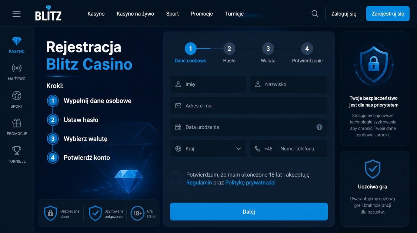 Interfejs rejestracyjny Blitz Casino pokazujący kroki rejestracji.
