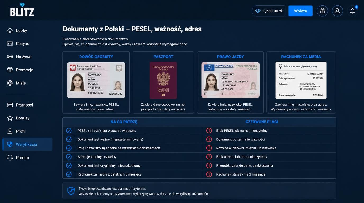 Porównanie dokumentów i wymaganych cech przy weryfikacji gracza z Polski.