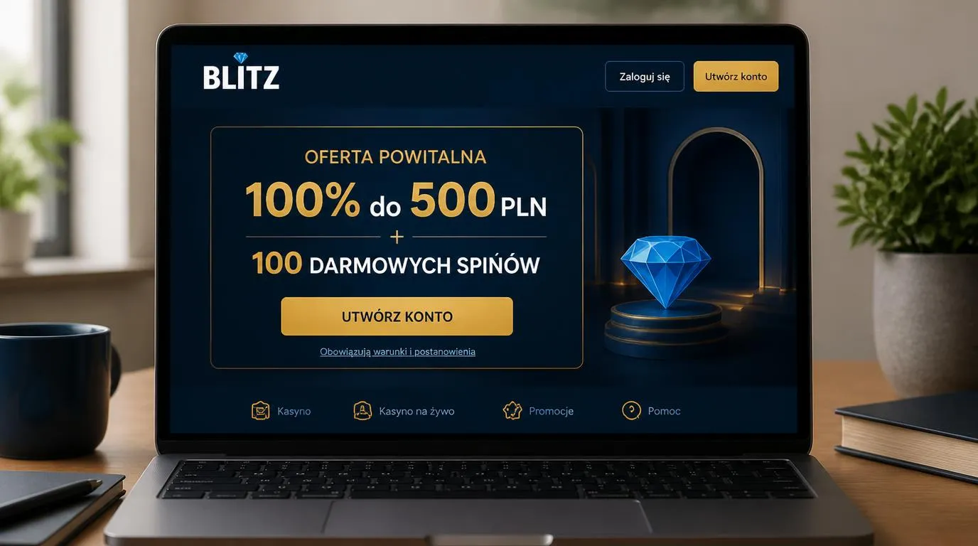 Ekran oferty powitalnej kasyna z bonusem do 500 PLN i 100 darmowymi spinami