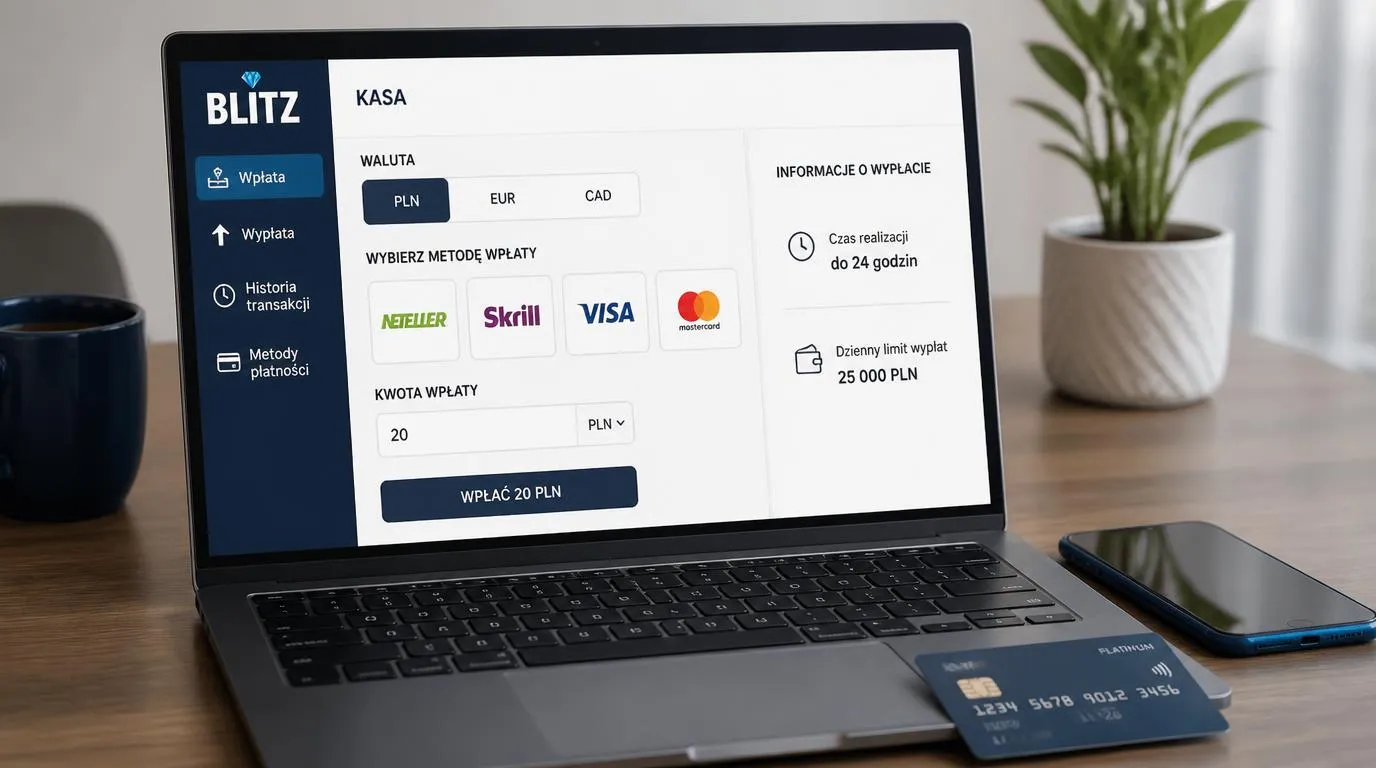 Ekran kasy z wyborem PLN, EUR i CAD oraz metodami wpłaty Neteller, Skrill, VISA i Mastercard